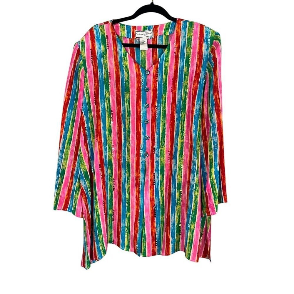 Diane Gilman Silk Sequin Striped Top 1X Pink Rainbow Colorful Mod Classic Chic
